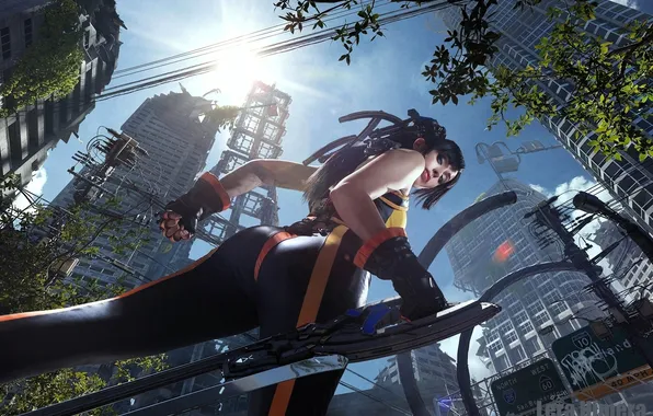 The sky, the city, weapons, building, costume, outfit, image, view