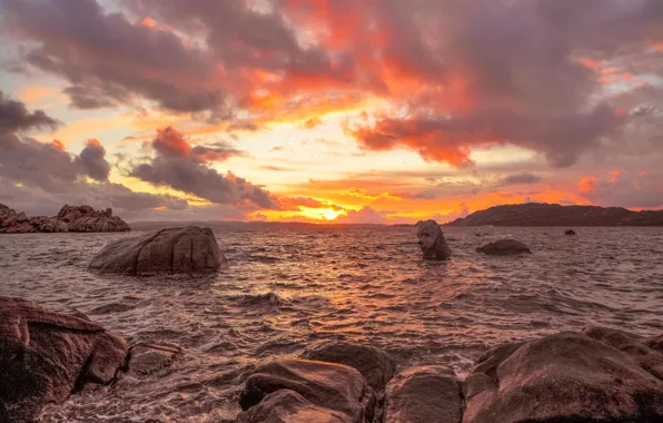 Sea, sunset, stones, rocks