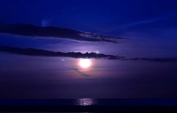 Sea, wave, clouds, night, the moon