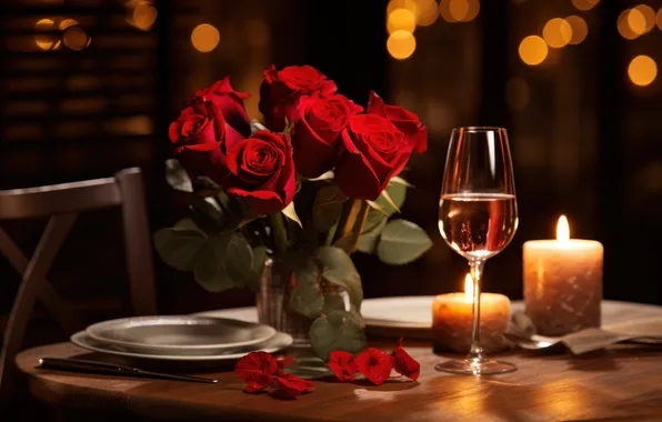 Light, flowers, table, holiday, wine, glass, roses, candle