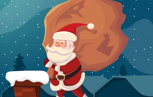 Night, Christmas, Pipe, New year, Roof, Holiday, Santa Claus, Christmas tree