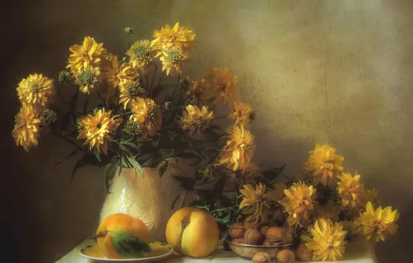 Flowers, table, wall, bouquet, blur, yellow, vase, pitcher