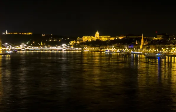 Night, lights, river, panorama, Parliament, Hungary, Budapest, The Danube