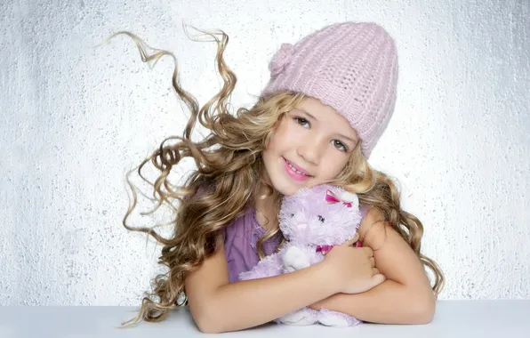Picture smile, hat, toy, girl, curls