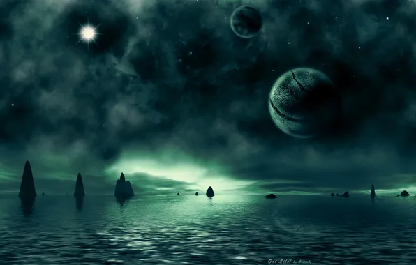 Green, sea, water, rocks, sci fi landscapes