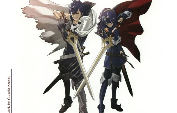 Mask, cloak, boots, back to back, lucina, swordsmen, Fire Emblem, Chrom