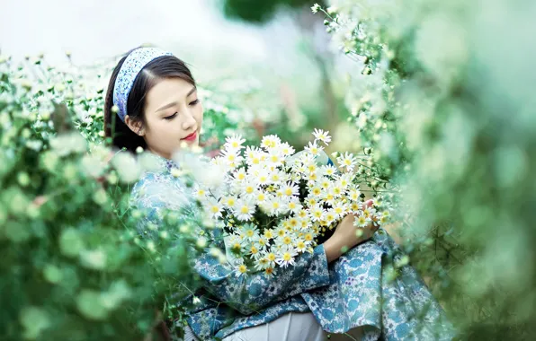 Girl, flowers, mood, Asian, chrysanthemum, bokeh, Vietnamese