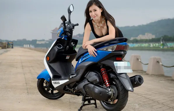 Look, smile, Girls, Asian, beautiful girl, scooter, posing on scooter