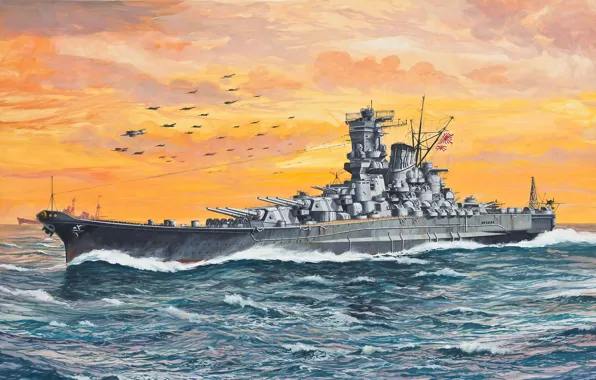 Picture ship, Navy, battleship, WW2, art., linear, Japanese, Yamato