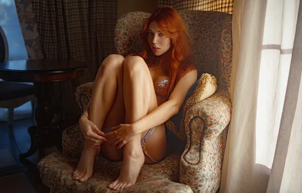 Picture chair, red, legs, photoshoot, Lena, George Chernyadev
