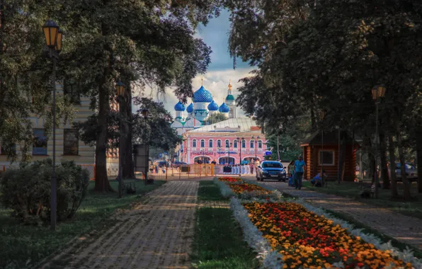 Picture trees, landscape, the city, Church, temple, alley, square, beds