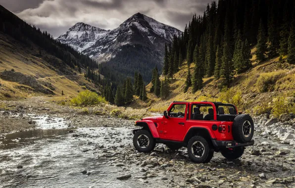 Water, trees, red, stones, 2018, Jeep, Wrangler Rubicon
