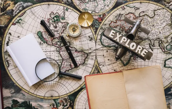 Map, Notepad, the plane, magnifier, journey, compass