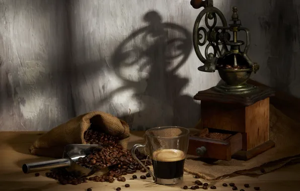 Table, coffee, mug, still life, coffee grinder