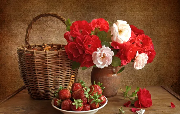 Flowers, roses, strawberry, vase, still life