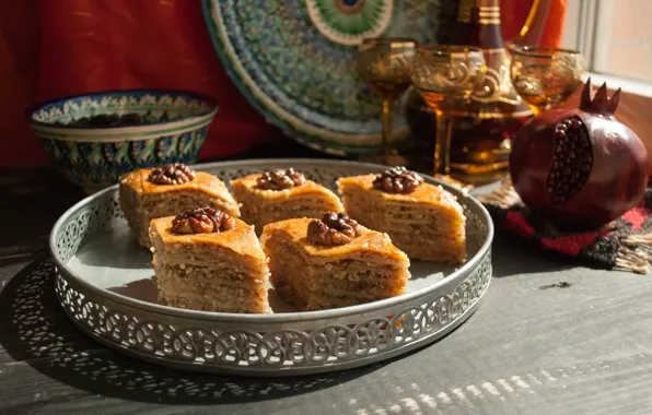 Dishes, nuts, garnet, baklava