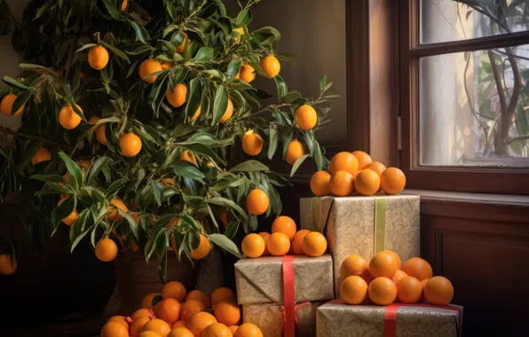 Leaves, branches, room, oranges, harvest, window, fruit, Christmas