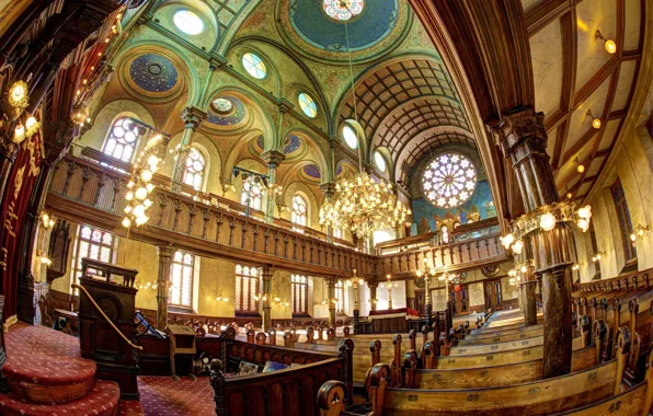 New York, chandelier, USA, religion, bench, synagogue