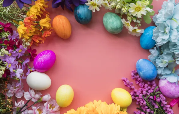 Flowers, eggs, colorful, Easter, happy, wood, flowers, eggs
