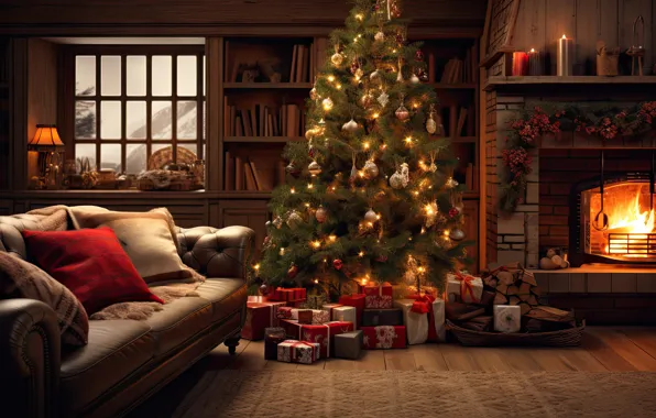 Picture decoration, room, sofa, balls, tree, interior, New Year, Christmas