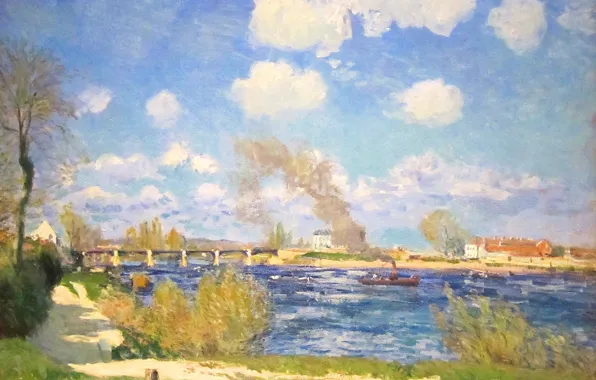 The sky, clouds, bridge, river, picture, spring, steamer, Alfred Sisley