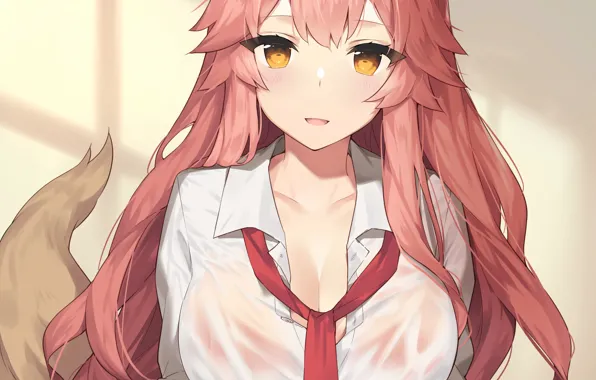 Girl, sexy, cleavage, pink hair, long hair, boobs, animal ears, anime