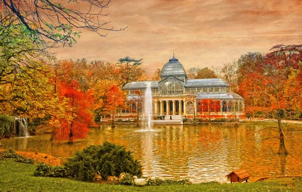 Picture autumn, the sky, trees, pond, Park, fountain, canvas, pavilion