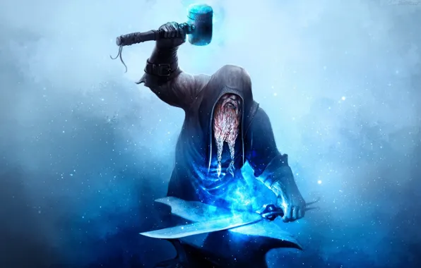 Metal, sword, magic, gloves, hammer, dwarf, beard, blue particles