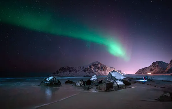 Mountains, people, Norway, Coast, Coast, Norway, Polar Lights, Flakstad