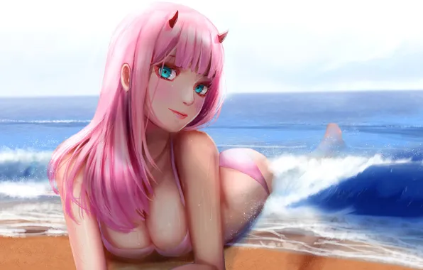 Beach, girl, 002, Darling in the FranXX, Cute in France, Zero Two