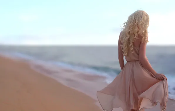 Sand, sea, beach, girl, dress, blonde