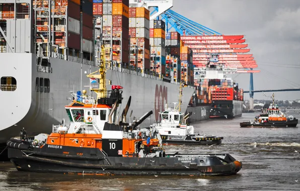 Port, The ship, Hamburg, A container ship, Tugs, Tug, Container ships, Board