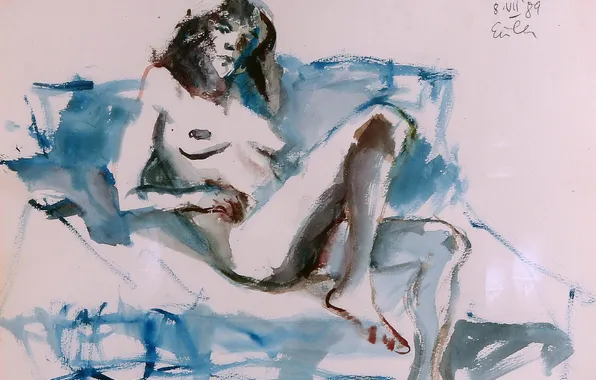 Girl, Picture, Naked, Austrian artist, Georg Eisler, Georg Eisler, Nude in blue