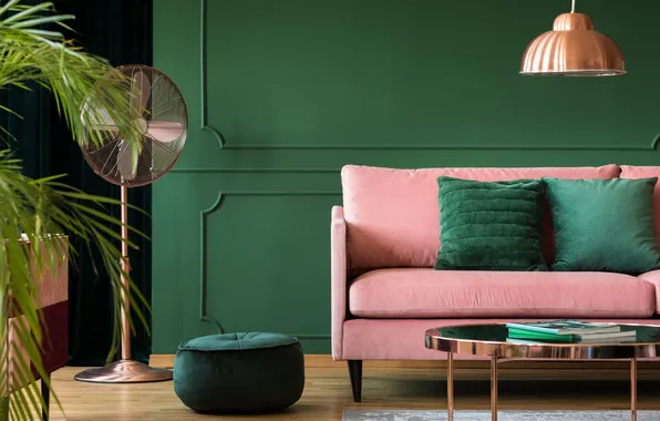 Design, style, plant, living room, poof, green color in the interior, pink sofa, Green Living …