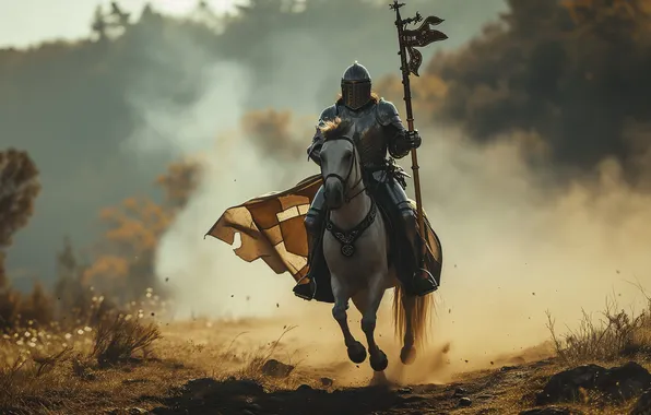 Field, horse, horse, dust, armor, flag, helmet, rider