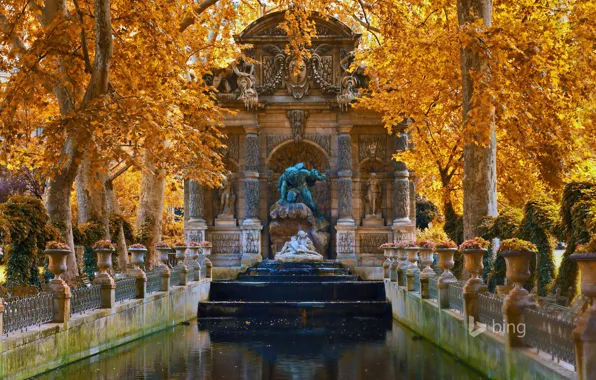 Picture autumn, trees, landscape, flowers, France, Paris, fountain, Luxembourg gardens
