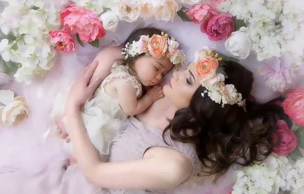 Love, flowers, tenderness, feelings, sleep, wreath, mom, peonies