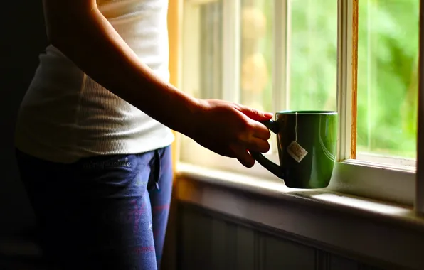 Picture house, hand, window, Cup
