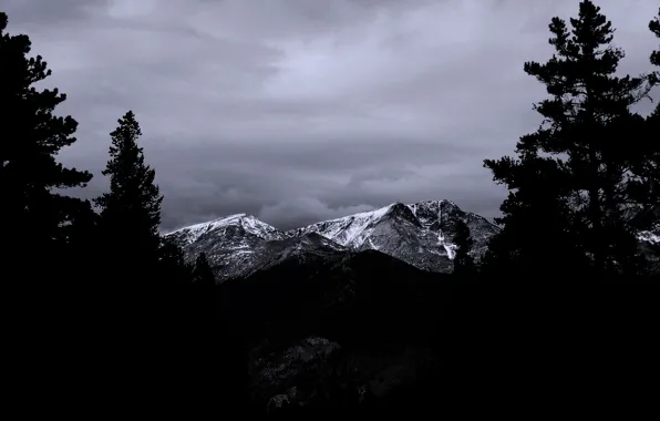 The sky, clouds, snow, trees, mountains, nature, rocks