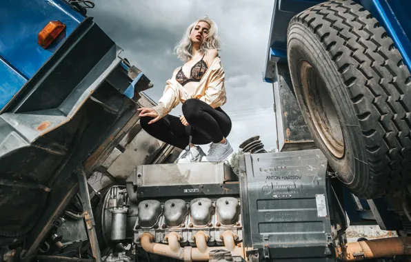 Girl, pose, engine, truck, legs, Anton Kharisov