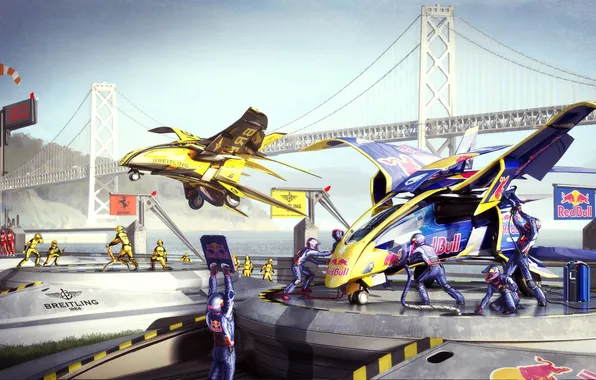 Bridge, people, competition, ships, art, aircraft, red bull, Pit stop
