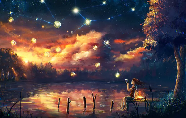 The sky, stars, night, lake, girl