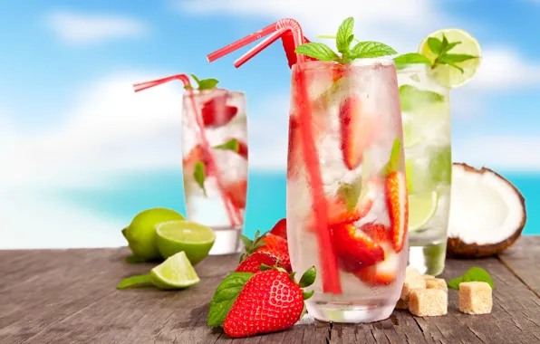 Picture ice, summer, berries, coconut, glasses, strawberry, sugar, lime