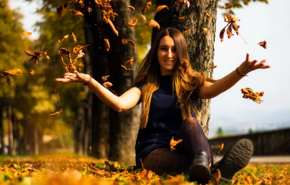 Autumn, leaves, girl