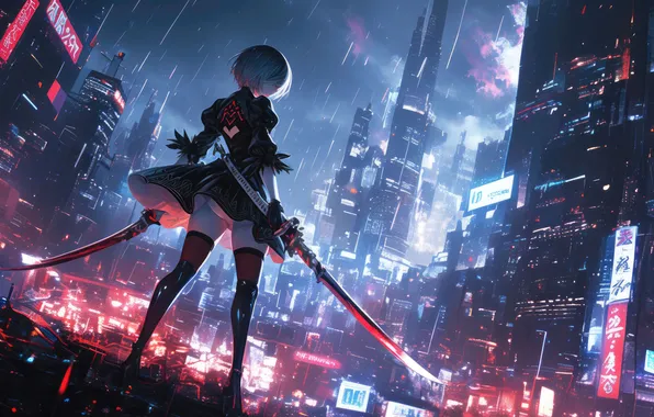 Night, the city, lights, weapons, rain, anime, neboskreby, Enigma