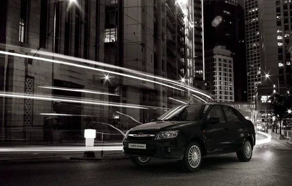 Night, the city, speed, Sedan, black, Lada, Lada, Granta