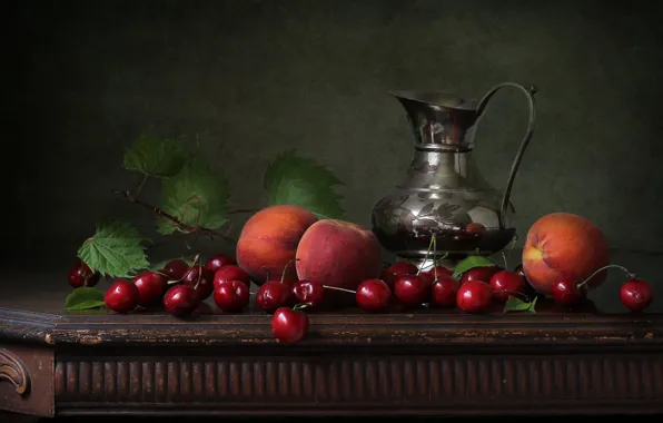 Picture cherry, the dark background, table, pitcher, fruit, still life, placer, peaches