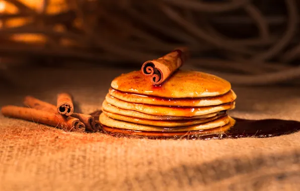 Table, stack, cinnamon, cakes, syrup, pancakes, pancake
