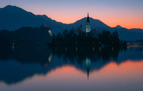 Landscape, reflection, dawn, island, morning, Church, architecture, lake bled