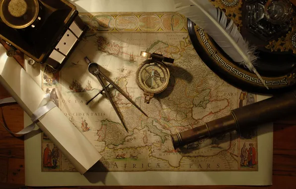 Pen, map, compass, spyglass